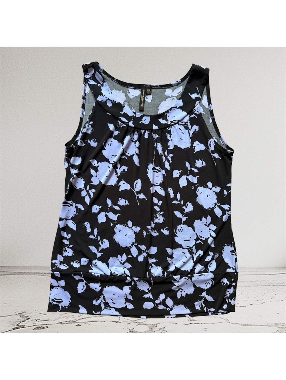 Susan Lawrence Petite Black and Lavender Floral Sleeveless Top PM